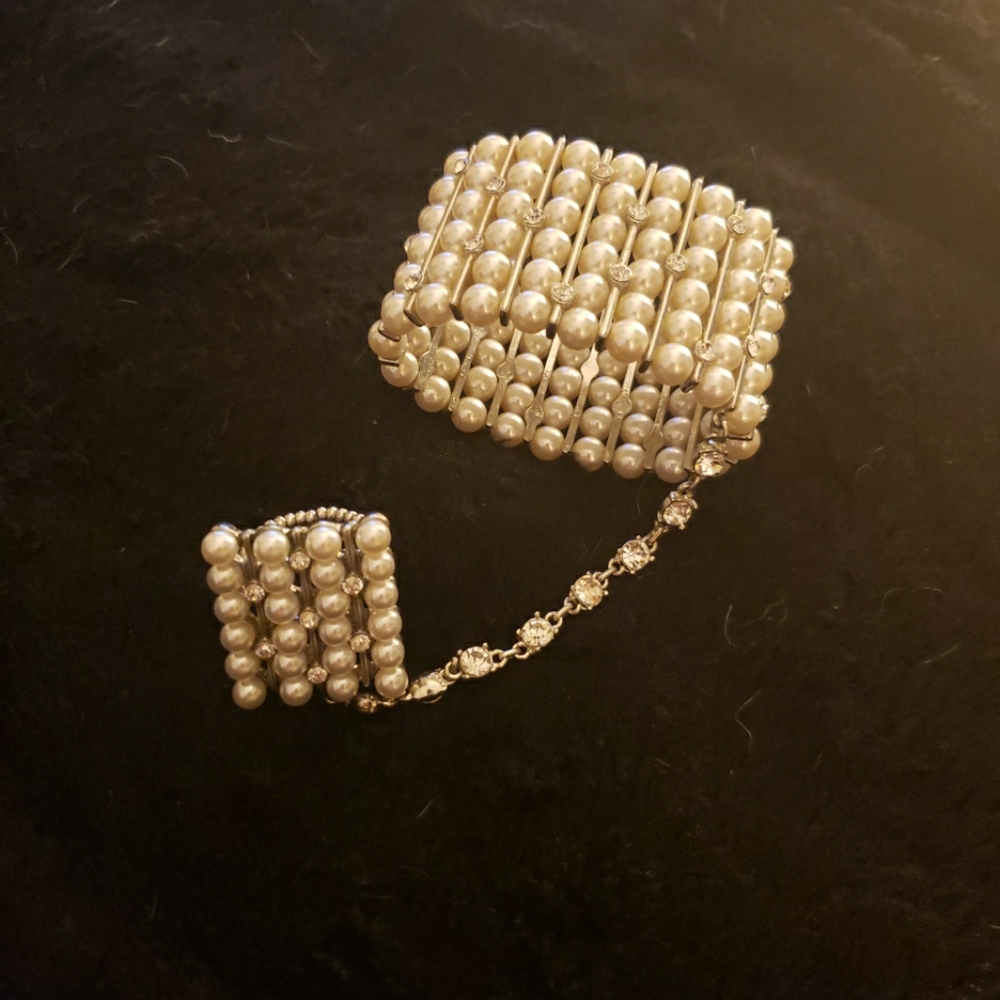 Diamond Studded Pearl Slave Bracelet with Ring